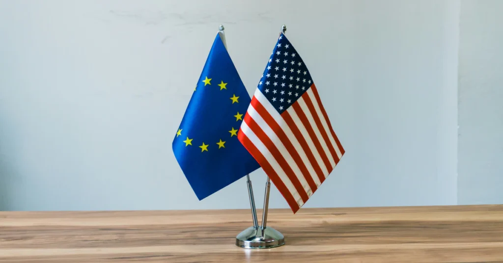 European Union and United States flags displayed together