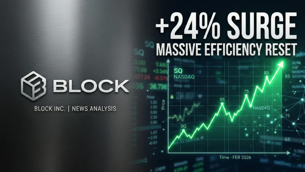A financial dashboard showing the Block stock price surge and Block Inc logo following Jack Dorsey's announcement of 4,000 layoffs.