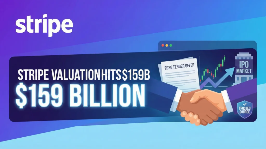A professional featured image showing the Stripe logo and a financial chart indicating a $159 billion valuation, highlighting the impact of the 2026 tender offer on the IPO market.