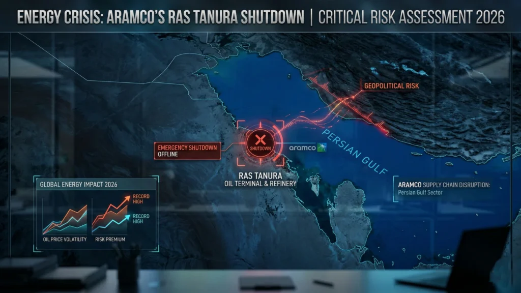 Strategic map and aerial view of Saudi Aramco's Ras Tanura oil refinery and export terminal during the 2026 crisis