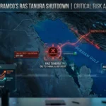 Strategic map and aerial view of Saudi Aramco's Ras Tanura oil refinery and export terminal during the 2026 crisis