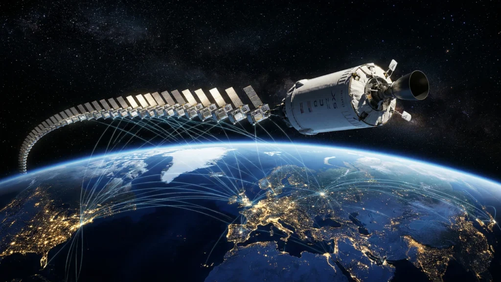 A SpaceX Falcon 9 rocket launch today lifting off from Cape Canaveral, Florida, carrying Starlink satellites, representing the company's asset growth.